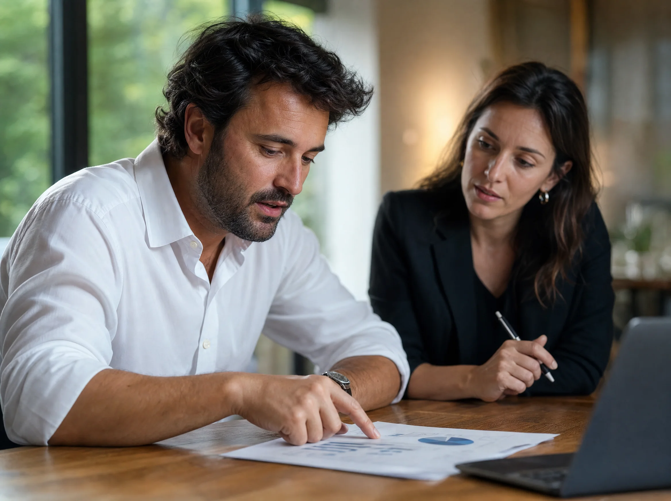 Consulente e imprenditore analizzano insieme i report finanziari del progetto